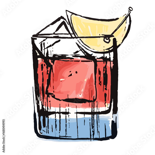 Hand-drawn watercolor illustration of a classic cocktail. Sketchy Negroni or aperitif in a rocks glass with ice and a lemon wedge garnish.
