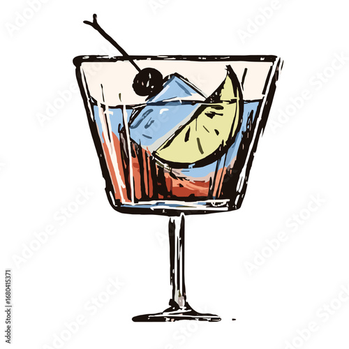 Hand-drawn sketch illustration of a colorful cocktail with a lime wedge and cherry. Vintage style artistic drawing of an alcoholic beverage on a transparent background.