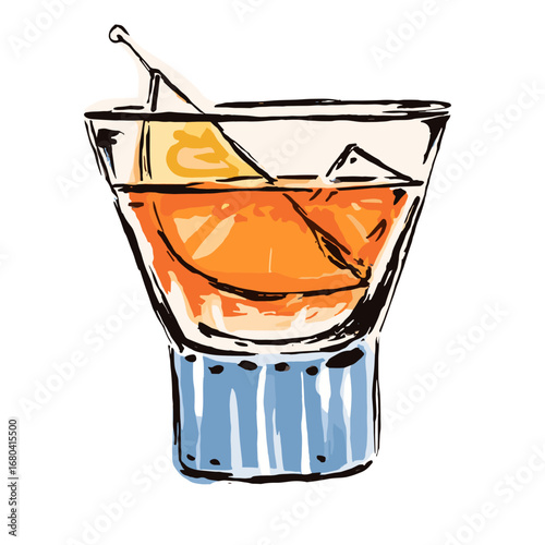 Hand-drawn sketch illustration of a classic orange cocktail in a glass. Artistic alcoholic beverage with ice and garnish on a transparent background.