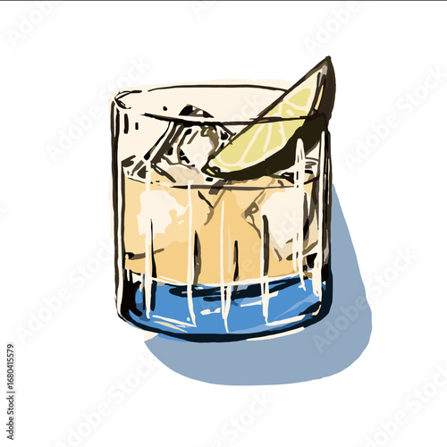 Hand-drawn illustration of a classic cocktail on the rocks with a lime wedge garnish. Sketchy and modern graphic art of an alcoholic beverage in a glass.