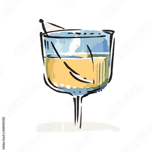 Hand-drawn illustration of a yellow cocktail in a glass. Sketchy, artistic vector drawing of an alcoholic beverage isolated on a transparent background.