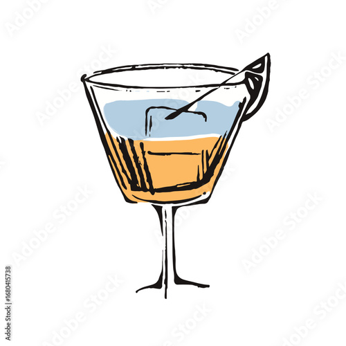 Hand-drawn sketch illustration of a colorful cocktail. Stylized mixed drink in a glass with an ice cube and garnish on a transparent background.