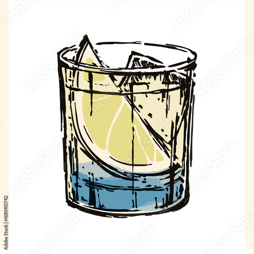 Hand-drawn sketch illustration of a refreshing cocktail on the rocks with a lemon wedge. Artistic drawing of a mixed drink in a glass.