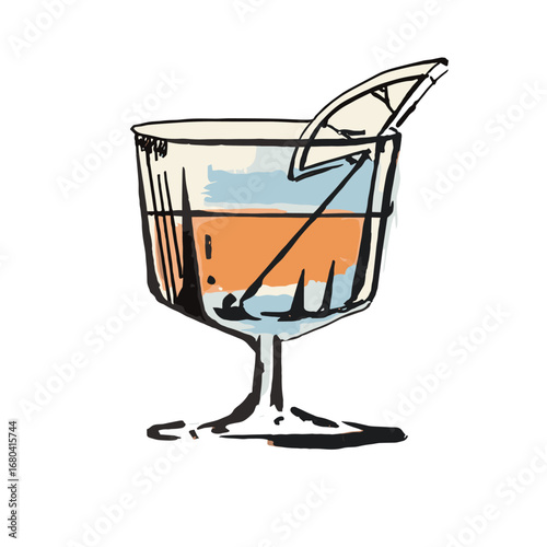 Hand-drawn sketch illustration of a classic cocktail. Vintage style drawing of an alcoholic beverage with a lemon garnish on a transparent background.
