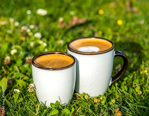 Two coffee cups on grass