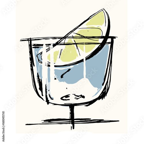 Modern sketch illustration of a refreshing blue cocktail with a lime wedge. Hand-drawn graphic of an alcoholic drink in a glass.