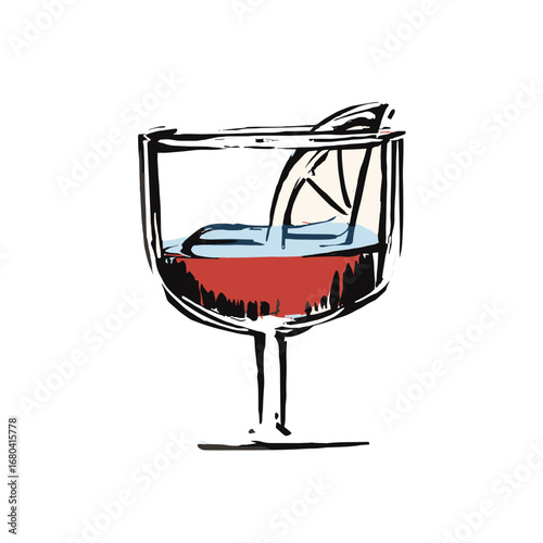 Hand-drawn illustration of a glass of red wine with a citrus garnish. Sketchy, artistic drawing of a cocktail or aperitif on a transparent background.