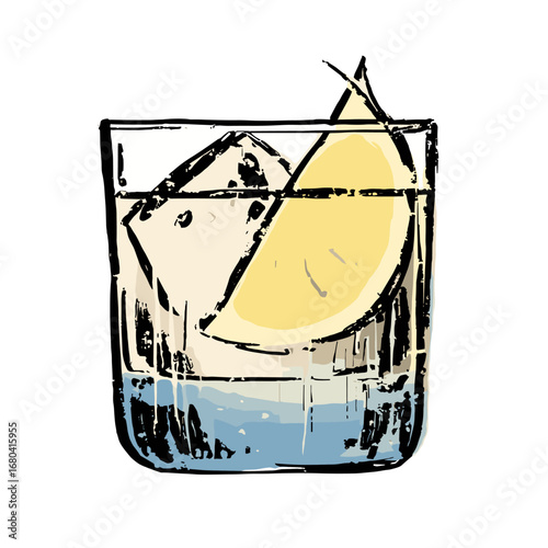 Hand-drawn illustration of a classic cocktail with a lemon slice and ice cubes. Sketchy and artistic drink in a rocks glass on a transparent background.