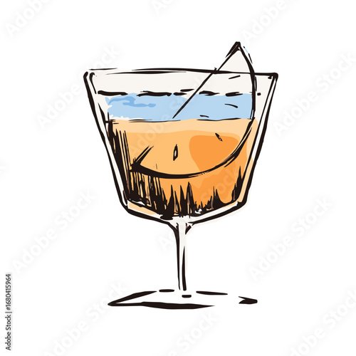 Hand-drawn sketch illustration of a modern orange cocktail. Artistic mixed drink in a stylish glass with a garnish, isolated on a transparent background.