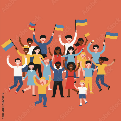 Diverse group of people cheering and waving Ukrainian flags in solidarity