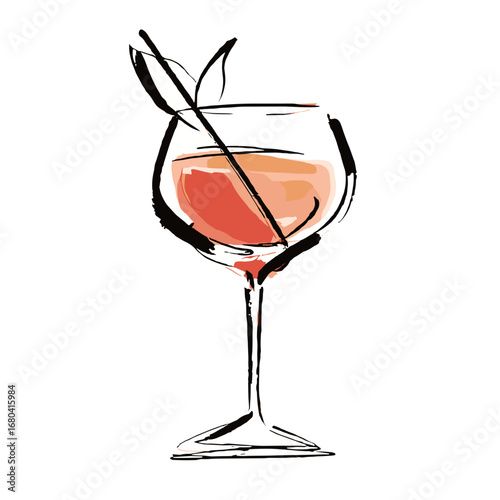 Artistic sketch of a pink cocktail in a wine glass. Modern watercolor illustration of a summer spritz drink with a garnish, isolated on a transparent background.