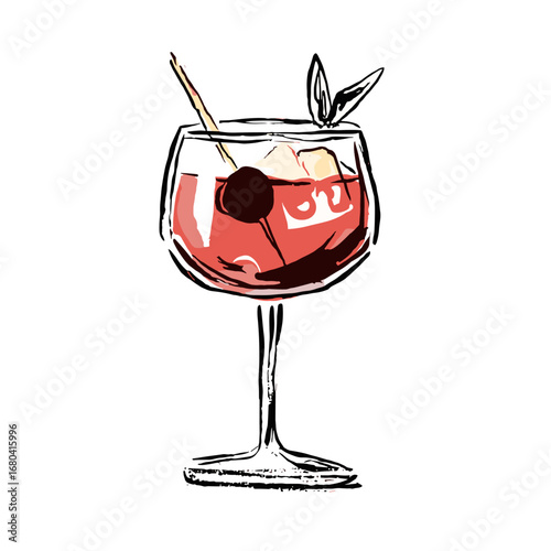 Hand drawn illustration of a red cocktail in a wine glass. Sketchy summer drink with ice, cherry, and mint garnish on a transparent background.