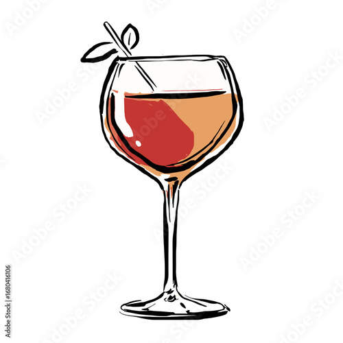 Stylized hand-drawn illustration of a refreshing cocktail in a glass. Elegant drink with a leaf garnish, isolated on a transparent background.