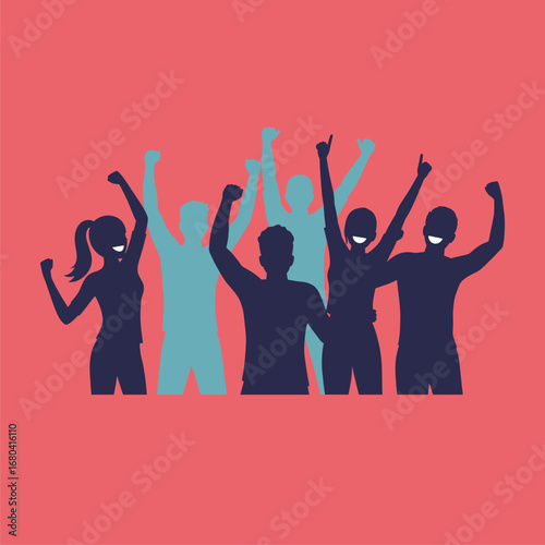 United diverse group celebrating success, achievement, or social activism with raised arms. Teamwork and community spirit.