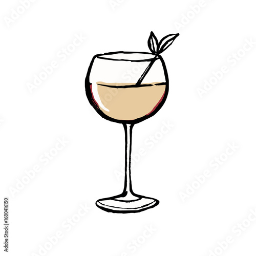 Hand-drawn illustration of a cocktail in a wine glass. Minimalist sketch of an alcoholic beverage with a leaf garnish on a transparent background.