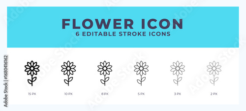 Flower icon with different stroke. Editable stroke. Vector illustration.