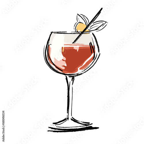 Hand-drawn sketch illustration of a summer cocktail. Artistic red alcoholic drink in a glass with a physalis garnish on a transparent background.