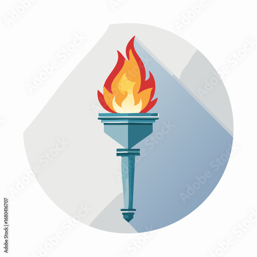 A flat design vector illustration of a lit torch with a vibrant flame, set against a light circular background with a long shadow.