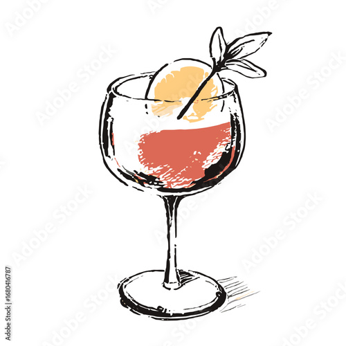 Hand-drawn sketch illustration of a refreshing summer cocktail with an orange slice and herb garnish. Artistic aperitif drink.
