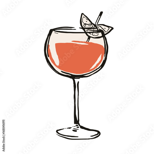 Hand-drawn illustration of a classic orange cocktail. Sketchy aperitif drink in a glass with a citrus garnish, isolated on a transparent background.