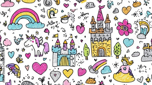 Seamless childlike pattern with hand drawn crayon fairy, unicorn, rainbow, and castle illustration, cute kids doodle background featuring colorful magical elements and whimsical fantasy design for nur
