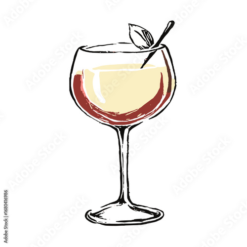 Hand-drawn sketch illustration of a cocktail in a stemmed glass. Vintage style alcoholic beverage with a leaf garnish, isolated on a transparent background.
