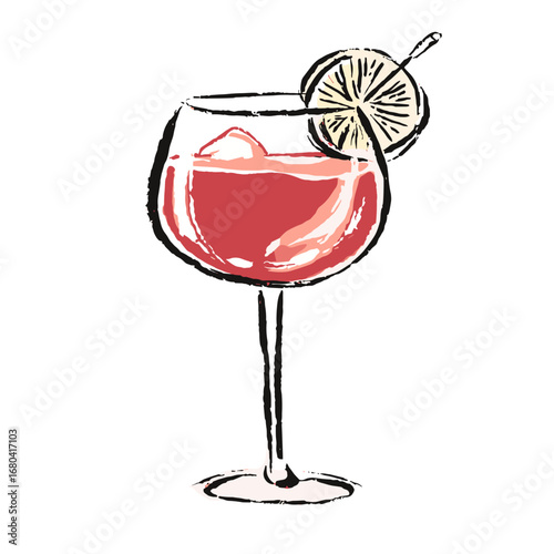 Hand-drawn illustration of a red cocktail in a wine glass. Sketchy sangria or spritz with ice and a lemon slice garnish on a transparent background.