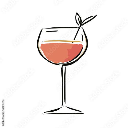 Hand-drawn illustration of a pink cocktail in a glass. Modern minimalist vector art of a summer spritz drink with a leaf garnish on a transparent background.