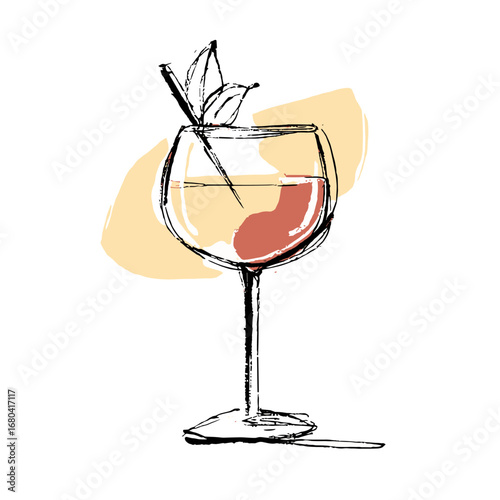 Hand-drawn sketch of a wine glass with a cocktail. Modern artistic illustration of an alcoholic beverage with garnish. Abstract drink vector.