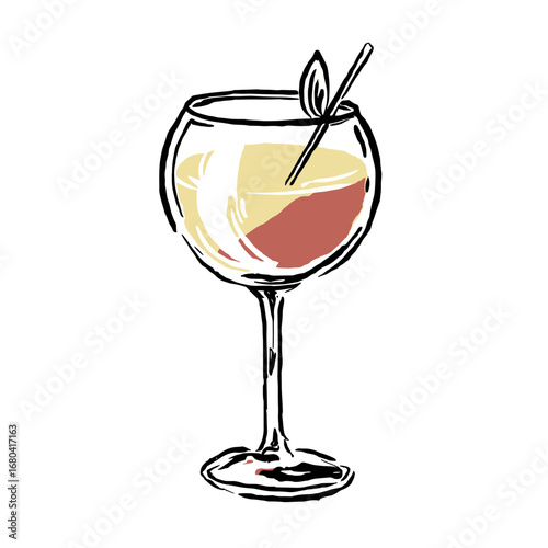 Hand-drawn sketch illustration of a colorful cocktail in a wine glass. Minimalist ink and wash drawing of an alcoholic beverage with a garnish.