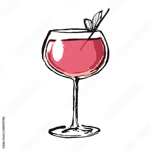 Hand-drawn illustration of a pink cocktail in a large wine glass. Sketchy artistic drawing of a refreshing summer drink with a mint garnish.