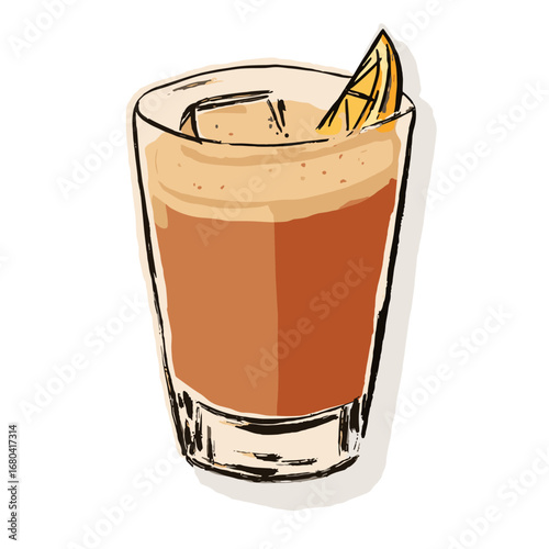 Hand-drawn illustration of a refreshing iced cocktail in a glass. Sketchy vector art of a cold beverage with foam and a lemon wedge garnish on a transparent background.