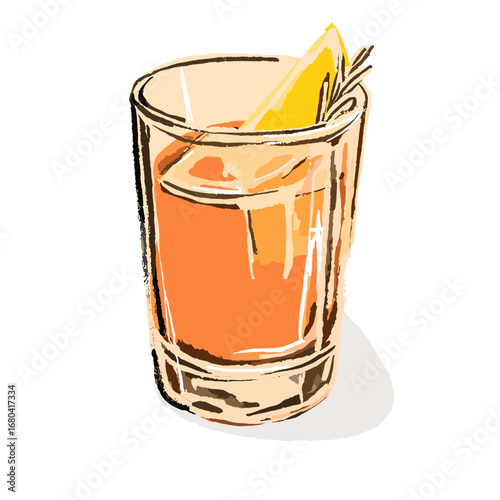 Hand drawn illustration of a classic cocktail with a lemon wedge and rosemary garnish. Sketchy and artistic drink in a rocks glass on a transparent background.