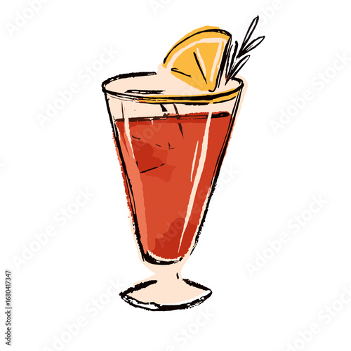 Hand drawn illustration of a refreshing red cocktail with a lemon slice and rosemary garnish. Sketchy vintage style beverage art on a transparent background.
