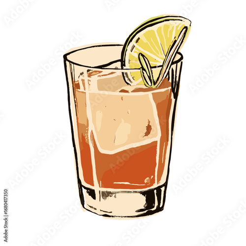 Hand-drawn illustration of a refreshing cocktail in a glass with ice cubes and a lime wedge garnish. Stylized alcoholic beverage on a transparent background.