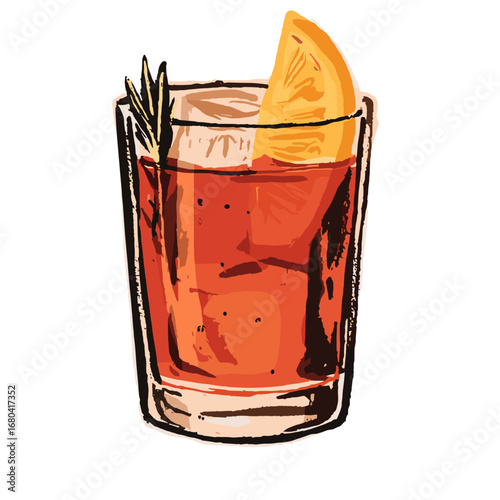Hand drawn illustration of a classic cocktail. Refreshing alcoholic beverage in a rocks glass with an orange slice and rosemary garnish.