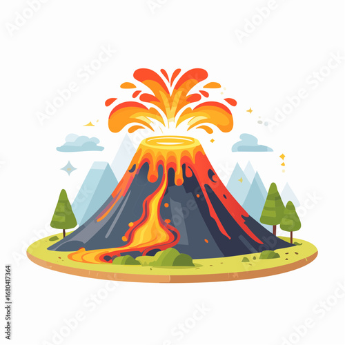 Cartoon illustration of an erupting volcano with flowing lava and smoke against a natural landscape.