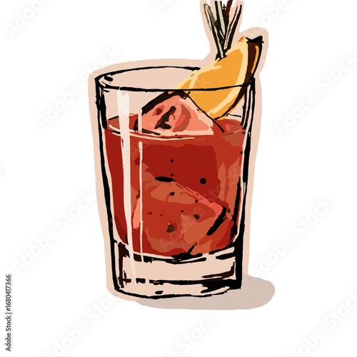Stylized illustration of a red cocktail in a glass with ice, an orange slice, and a rosemary garnish. Hand-drawn aperitif drink for a menu or bar concept.