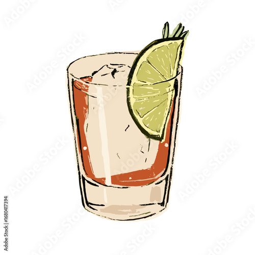Hand-drawn illustration of a refreshing cocktail in a glass with ice and a lime wedge. Sketchy, artistic drawing of an alcoholic beverage on a transparent background.