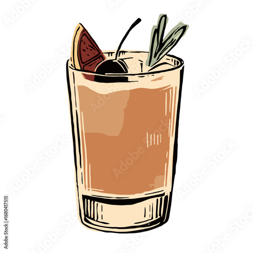 Hand-drawn illustration of a classic cocktail in a glass. Sketchy style alcoholic beverage with citrus, cherry, and herb garnish on a transparent background.