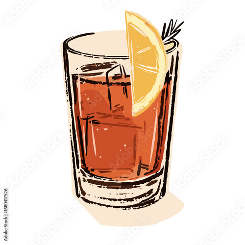 Hand-drawn illustration of a refreshing cocktail with ice and a lemon slice. Sketchy style alcoholic beverage in a glass for a bar menu or party invitation.