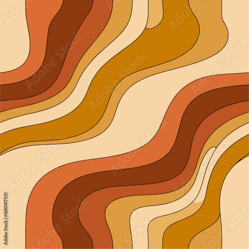 Seamless retro pattern in groovy mid-century modern style. Wavy abstract lines, earthy tones, vector flat illustration, perfect for wallpapers, textiles, and digital backgrounds