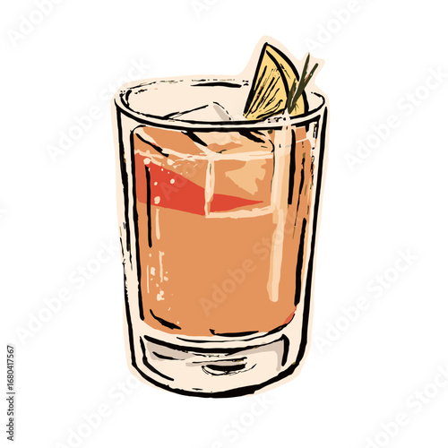 Hand-drawn illustration of a refreshing cocktail with ice and citrus garnish. Sketchy, vintage-style alcoholic beverage in a glass on a transparent background.