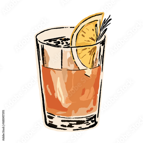 Hand-drawn illustration of a refreshing orange cocktail with a citrus slice and rosemary garnish. Artistic sketch of a summer alcoholic beverage.