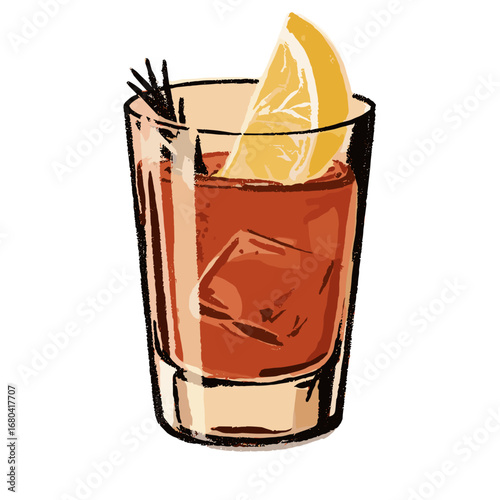 Hand-drawn illustration of a classic cocktail in a rocks glass. Stylized alcoholic beverage with a large ice cube and a lemon wedge garnish on a transparent background.