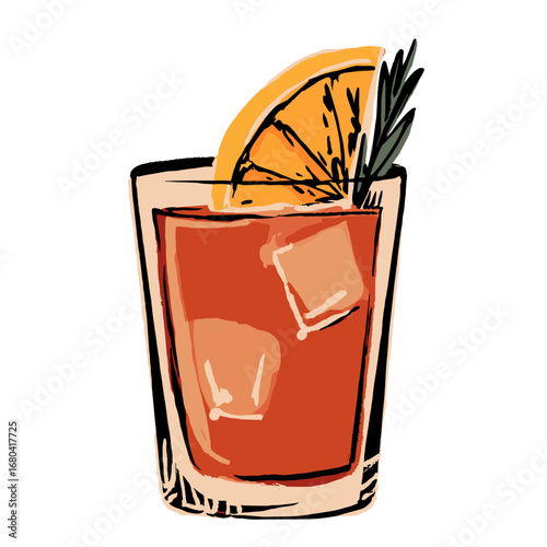 Hand-drawn illustration of a classic Negroni cocktail with an orange slice and rosemary garnish. Refreshing alcoholic beverage on the rocks in a glass.