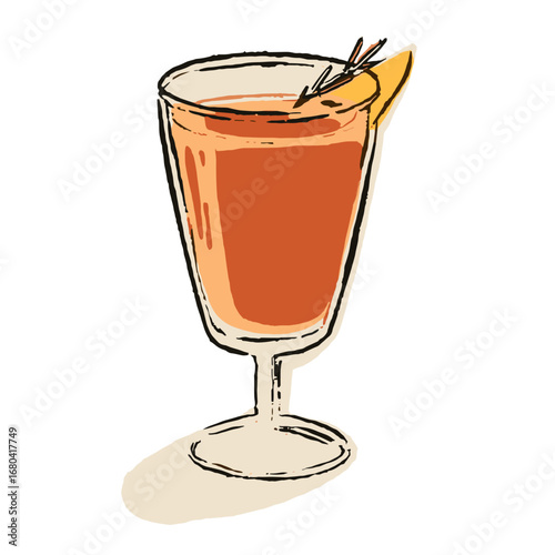 Hand-drawn illustration of a warm autumn cocktail with an orange slice and spice garnish. Isolated vector graphic of a festive holiday drink.