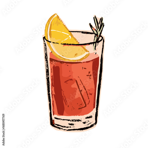 Hand-drawn illustration of a refreshing red cocktail in a glass, garnished with a lemon slice and a sprig of rosemary. Isolated vector art for summer drinks.