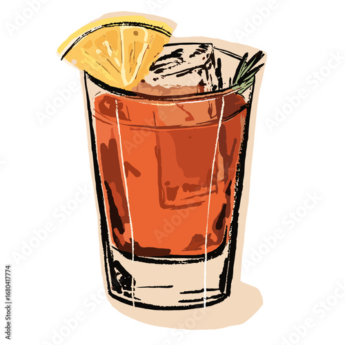 Stylized hand-drawn illustration of a classic cocktail, possibly a Negroni or Americano, with a lemon garnish and ice cubes in a glass.