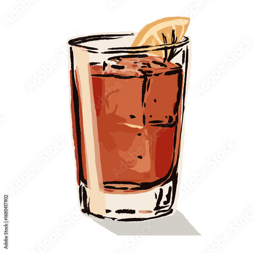 Hand drawn illustration of a refreshing cocktail with ice and a lemon slice. Sketchy artistic drawing of a cold drink in a glass on a transparent background.